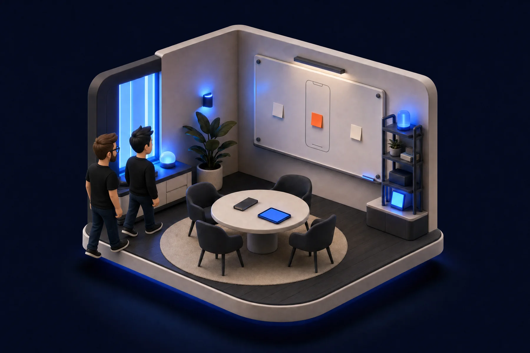 Isometric diorama of a founder's idea room: a whiteboard with sticky notes and a sketched phone screen, a round table with a glowing tablet, lit in cobalt blue.