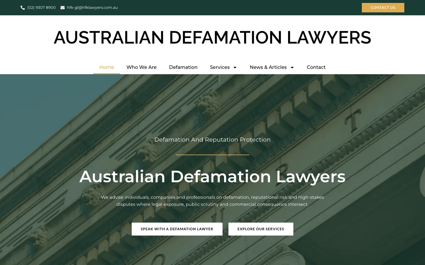 Australian Defamation Lawyers website, desktop view