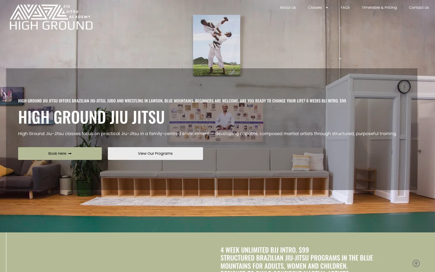 High Ground Jiu Jitsu website, desktop view